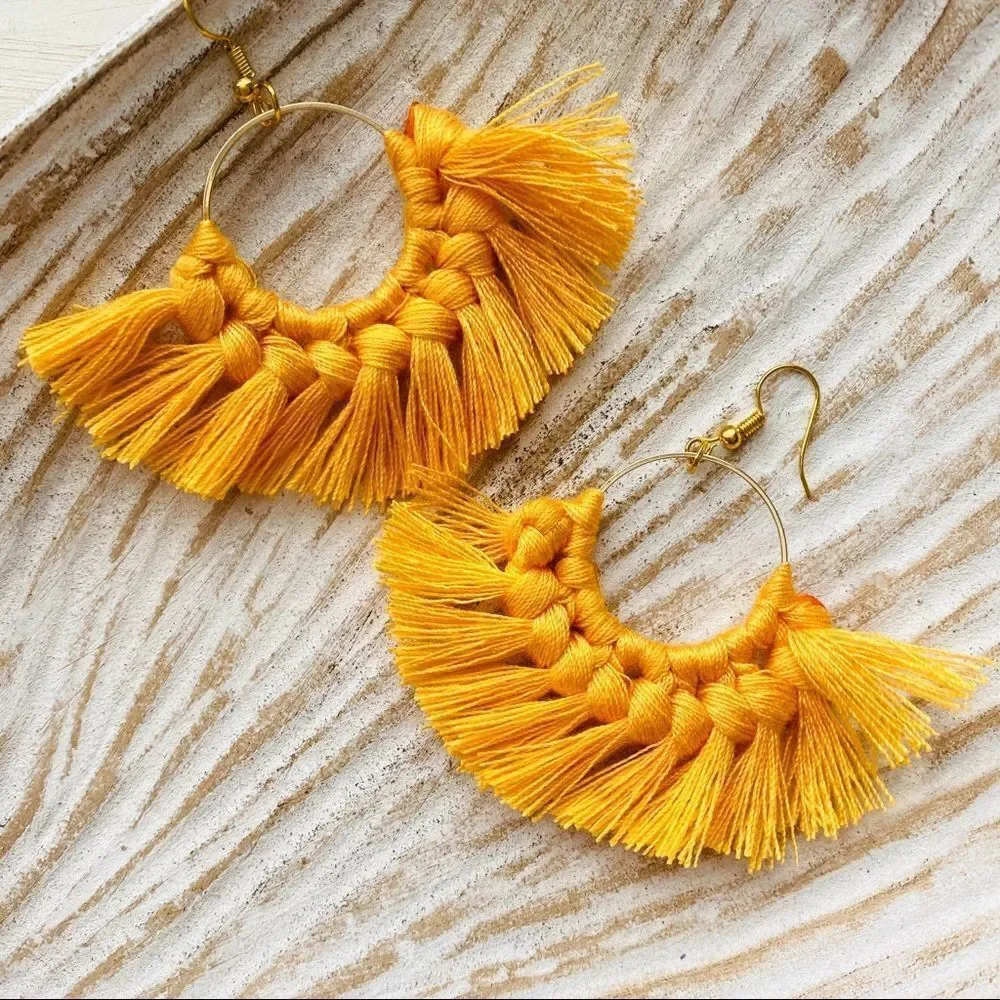 Boho Macrame Tassel Drop Hoop Earrings NWT